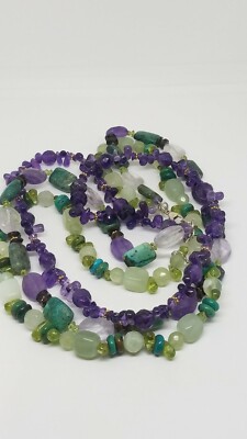 Amethyst & grüner Multi Edelstein 3 Strang Halskette Sterlingsilber Verschluss 