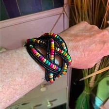 Multi Color Glass Bead & Wooden Beaded Cuff BraceletAdjustable