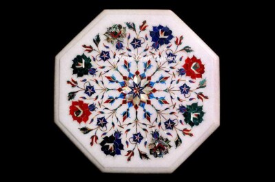 12'' Marble Corner Table Top semi precious stones floral Handmade inlay decor