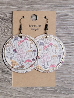 GENUINE Leather Backed Cork Circle Cut Earrings w/ Gold Finding 2'' Mushrooms
