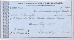 Rhode Island Governor W. W. HOPPIN 1881 Signed Stock Certificate