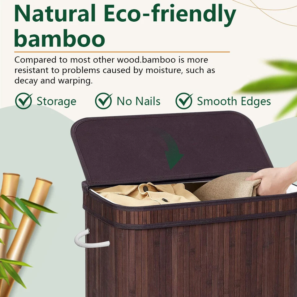72L Laundry Hamper with Lid Folding Bamboo Laundry Basket with Removable Liner - Image 3 of 4