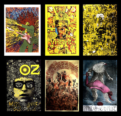 Martin Sharp 6 psychedelische Poster auf Postkarten Jimi Hendrix Bob Dylan Van Gough