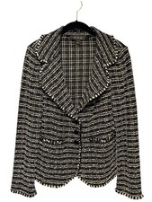 St. John Black White Boucle Tweed Notched Collar Fringed Edge Trim Jacket sz12