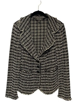 St. John Black & White Boucle Tweed Notched Collar Fringed Edge Trim Jacket sz12