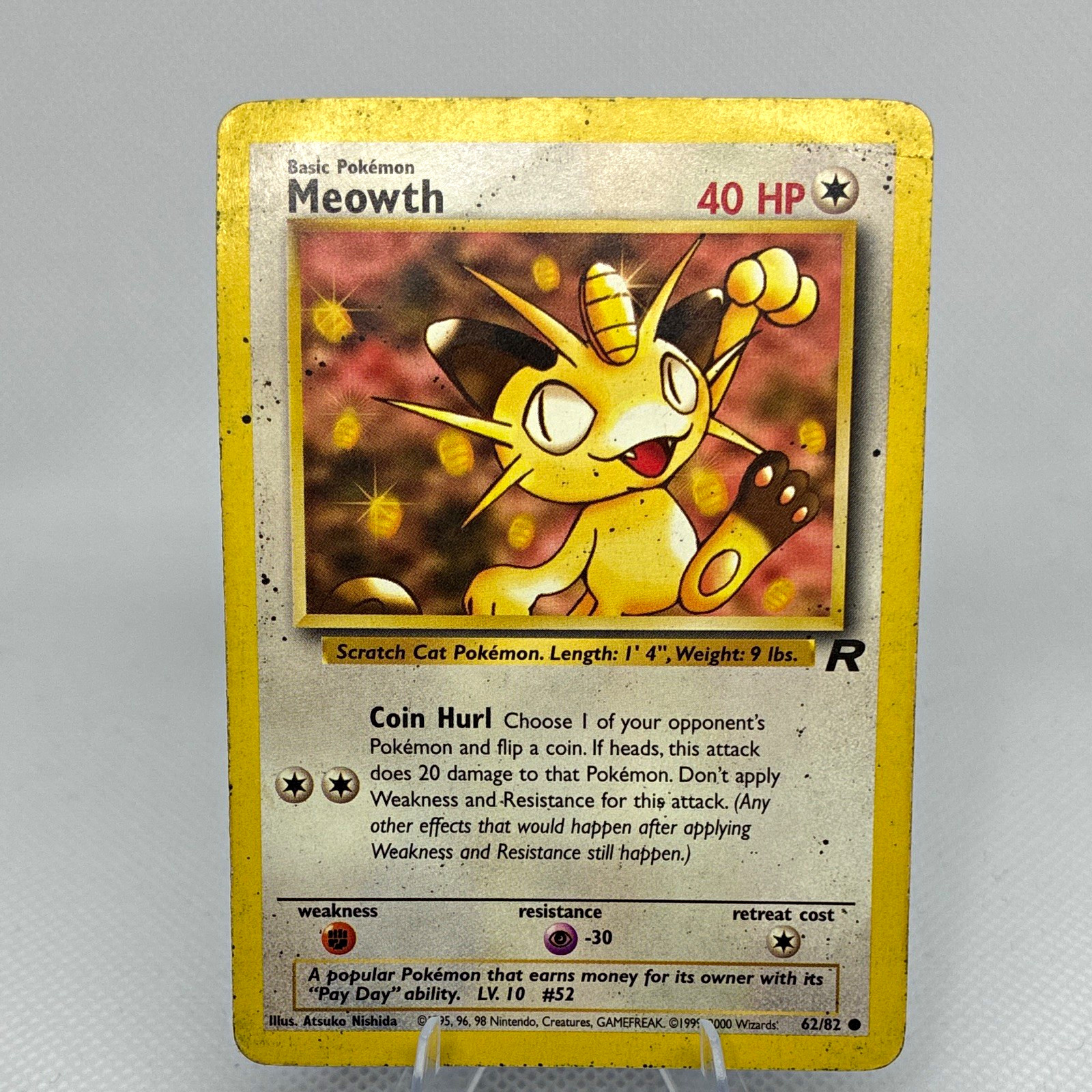 Pokemon TCG Meowth 62/82 Team Rocket Common Regular Unlimited English 40HP 2000
