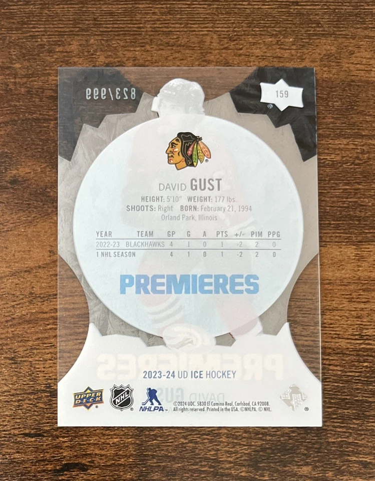 2023-24 Upper Deck Ice Ice Premieres /999 David Gust #159 Rookie Blackhawks RC - Image 2 of 2