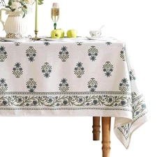 Designer White Linen Extra Long Tablecloth Rectangle,Chinoiserie Floral Elega...