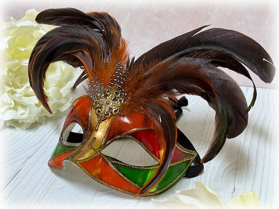 Mardi Gras Feathers Mask Venetian Carnival Masquerade Papier Mache Red Orange - Image 3 of 4