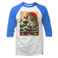 Image of Catzilla Cat Japanese Art Funny Cat Humorous 3/4 Sleeve Raglan