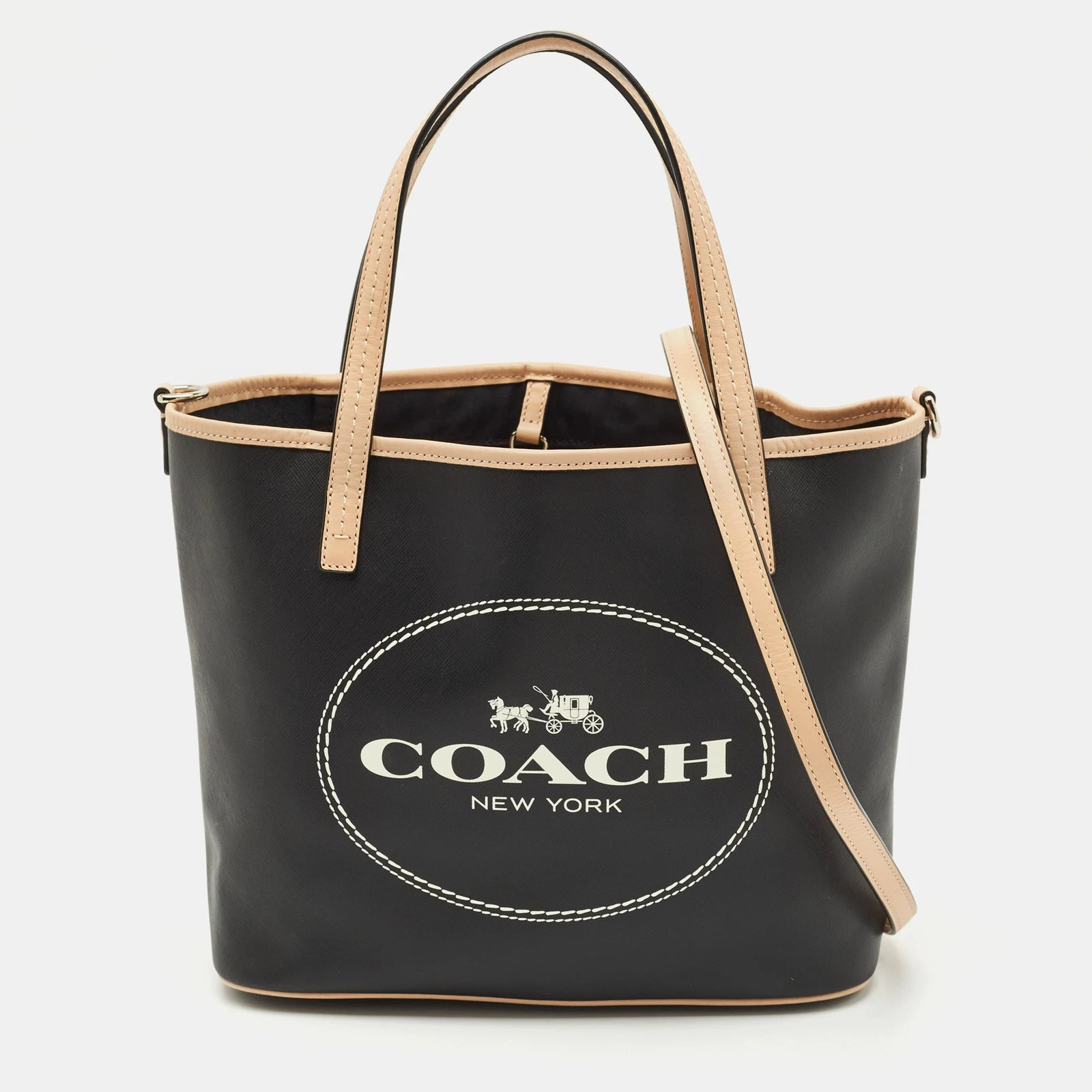 Borsa shopper Coach in tela rivestita nera abbronzata piccola metropolitana carrozza cavalli