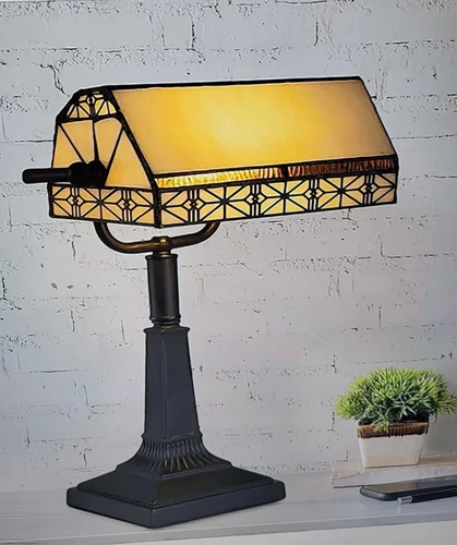 Tiffany Style Bankers Lamp Mission Style LED Desk Light with Stained Glass