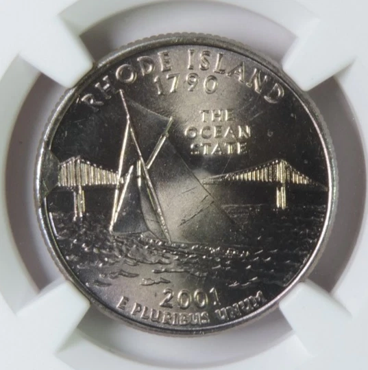 2001 P Rhode Island State Quarter Reverse Die Break Cud Mint Error NGC MS65 GEM - Image 3 of 4