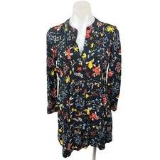 Old Navy Black Floral Pleated Split V-Neck Long Sleeve Mini Shirt Dress Size S