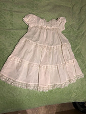 Baby Girls Vintage Baptismal White Short Sleeve Tiered Dress with Lace Hem Trim