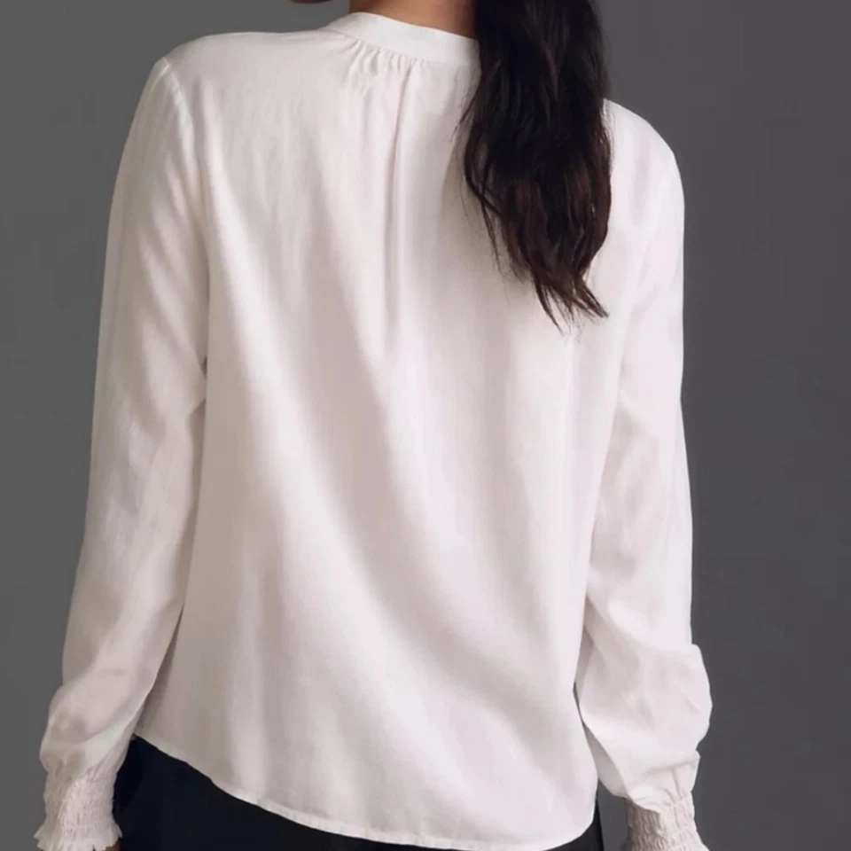 Top campesino blanco de tela y piedra Anthro para mujer talla grande satinado manga larga boho  Foto 4 de 4