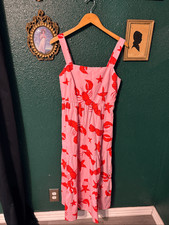 J. Crew Pink Red Lobster Print Tiered Midi Summer Sun Dress Ruched Back Size 10