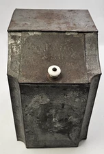 Antique Tin Metal Bin With Hinged Lid & Porcelain/Ceramic Pull 10"Tall