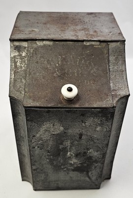 Antique Tin Metal Bin With Hinged Lid & Porcelain/Ceramic Pull 10''Tall