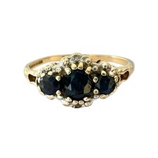Vintage 9ct Gold Ring Sapphire & Diamond Three Stone Size O