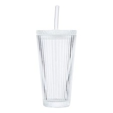 21oz Ribbed Glass Tumbler with Glass Lid and Straw for Cold Drinks