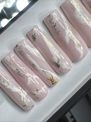 ⭐️ CUSTOM Gel Press On Nails, MARBLE LV BLING , 10p FULL SET W Kit LONG SQUARE - Picture 2 of 10