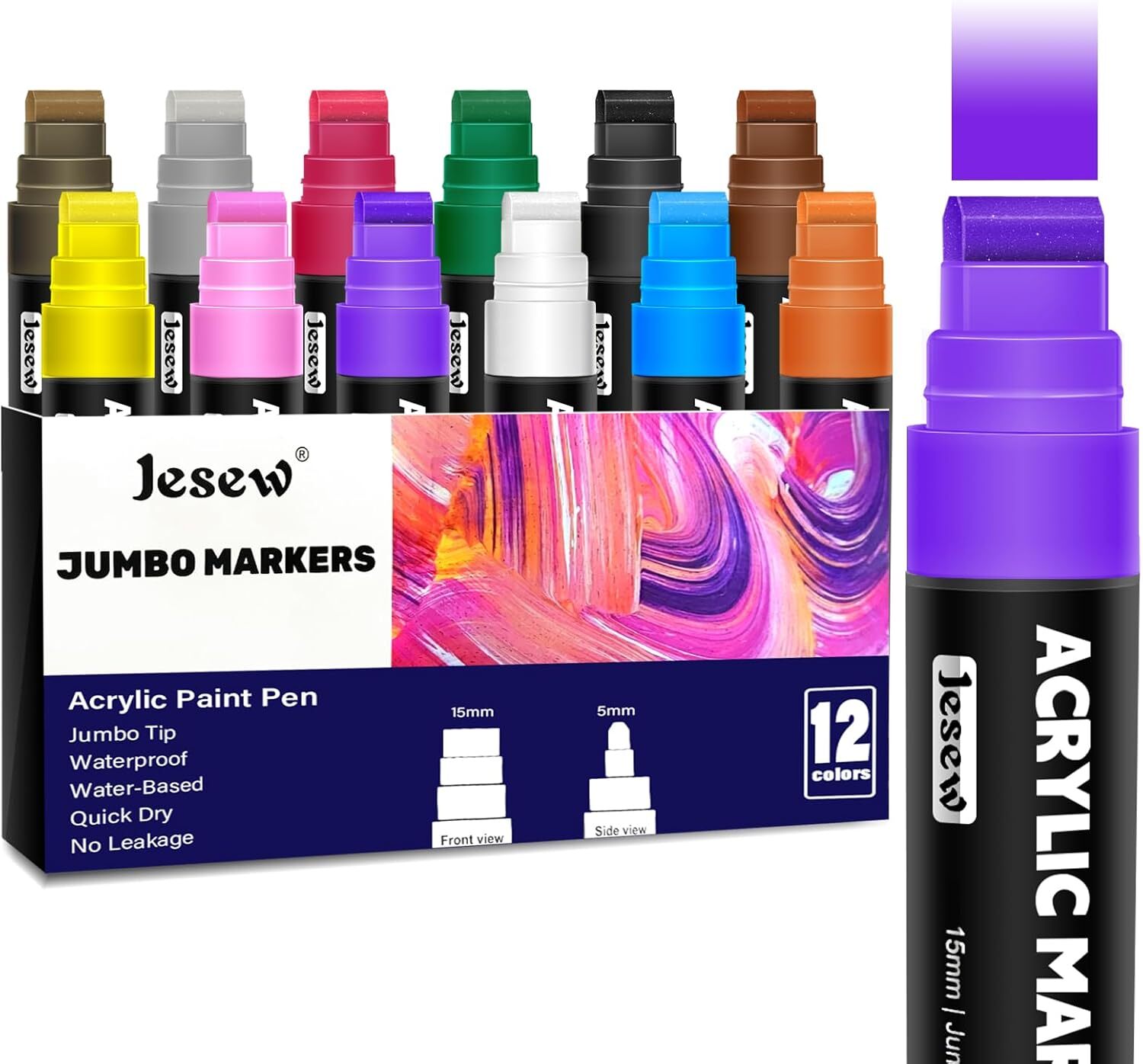 12-Color Jumbo Paint Markers with 15mm Felt Tips - Waterproof & Vibrant-image