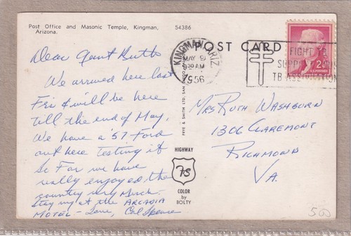 Ansichtskarte USA - Kingman (Arizona) - Post Office / Masonic Temple - 1956 - Picture 2 of 2