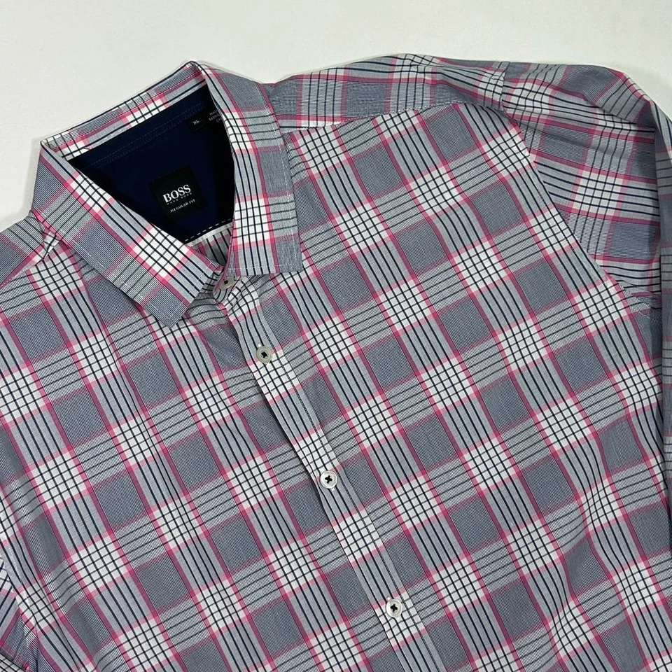 Camisa de vestir Hugo Boss para hombre gris y rosa a cuadros con botones manga larga XL Foto 3 de 4