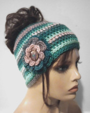 crochet handmade womans messy bun hat flower beanie ocean blue jasper USA made