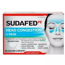 Sudafed PE Non-Drowsy Head Congestion & Pain Relief 20 Caplets fast Shipping