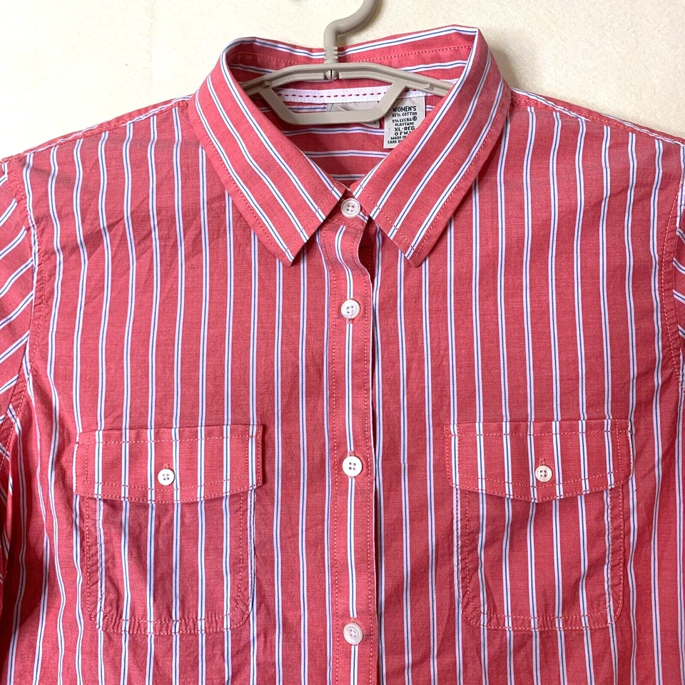 LL Bean XL женская блузка рубашка на пуговицах верхний розовый в полоску карьера шнурок XL - Изображение 3 из 4