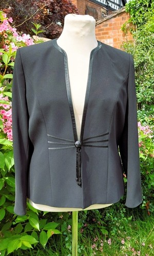 NEW Designer Jacques Vert black satin trim collarless mid length jacket UK 16