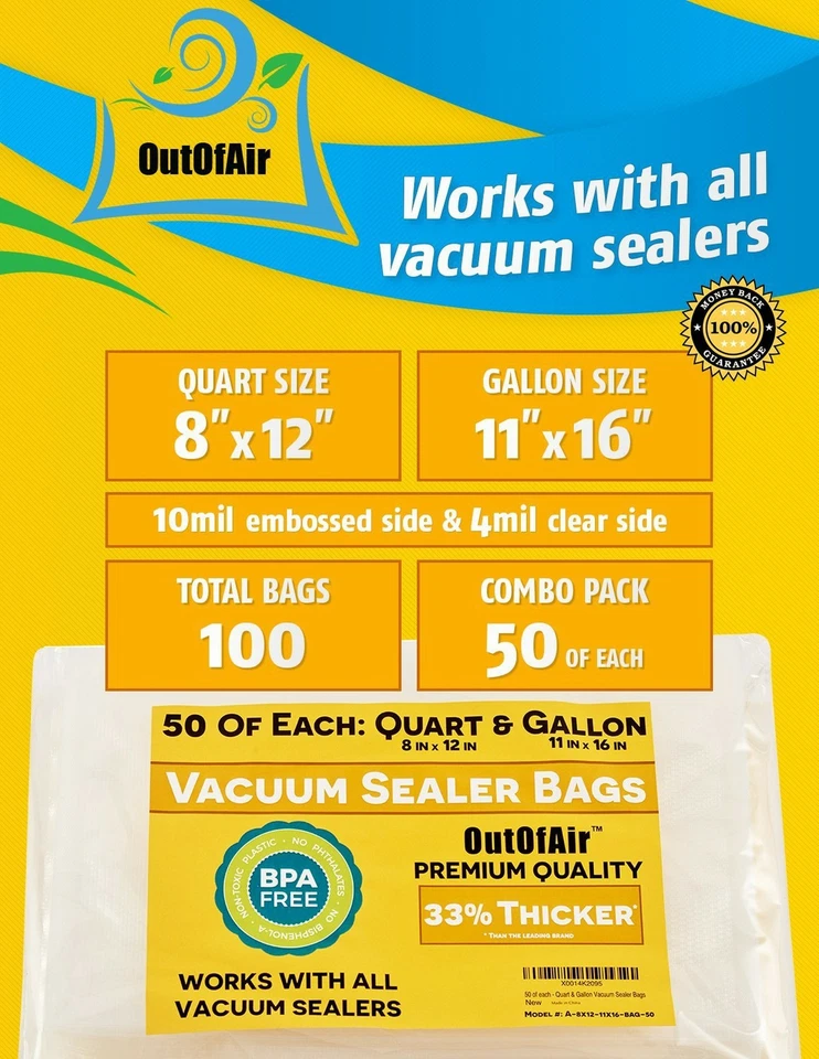 100 bolsas selladoras al vacío: 50 cuartos (8" x 12") y 50 galones (11" x 16") fuera del aire Foto 2 de 4