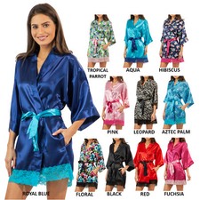 Ashford & Brooks Satin Silk Bridesmaid Short Kimono Robe Lace Floral Solid Print