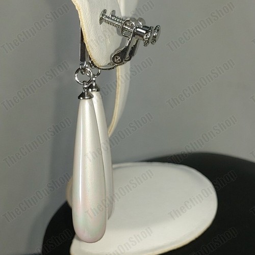 CLIP ON 2"LONG PEARL EARRINGS classic teardrop SILVER TONE screw RETRO vintage - Picture 12 of 12