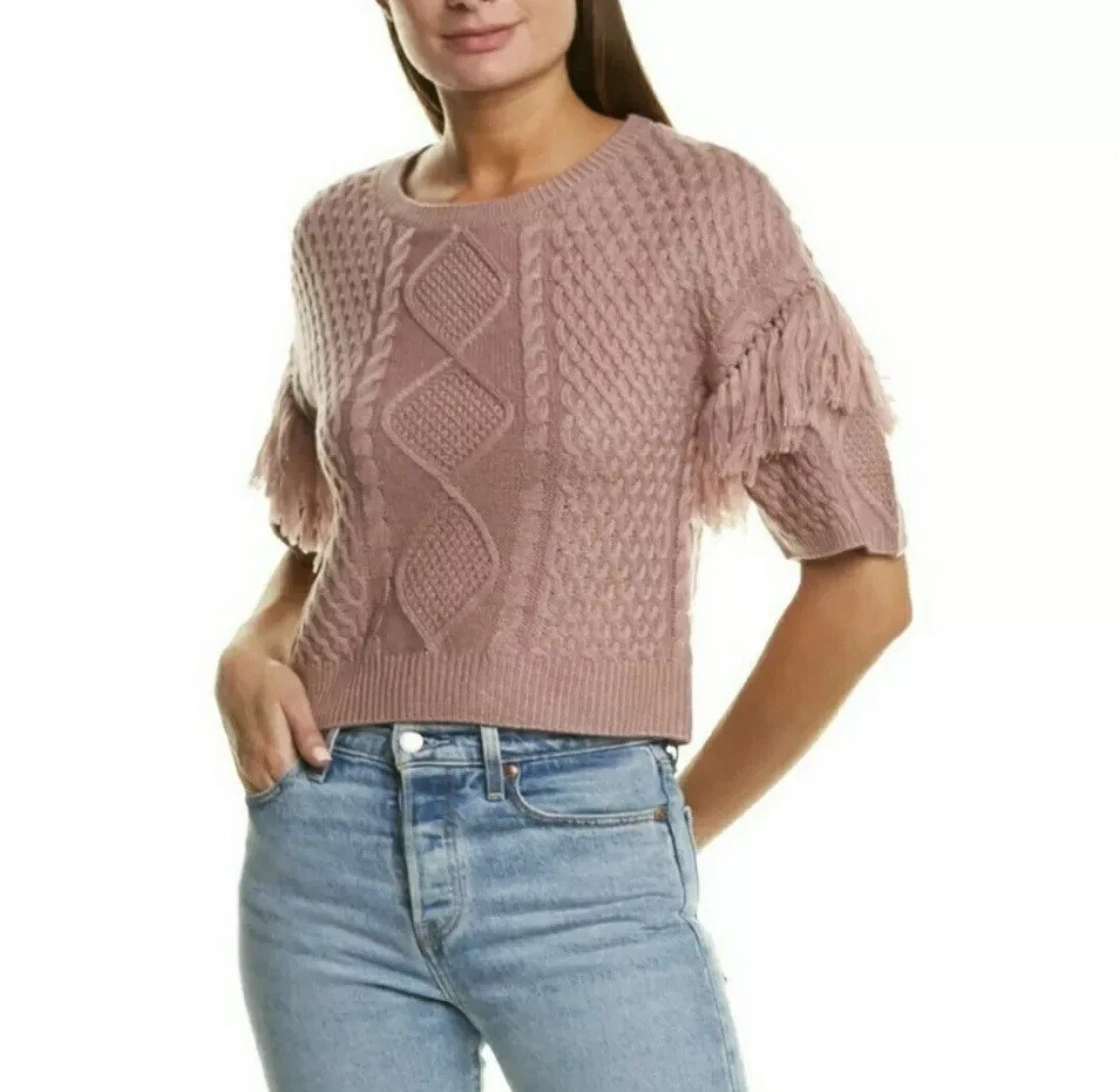 BB Dakota Fringe Pink Cable Knit Short Sleeve Sweater NEW S | eBay