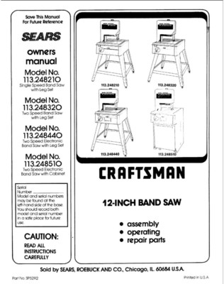 #ad #ad Craftsman 113.248320 113.248440 Band Saw Instruction Manual $20.24