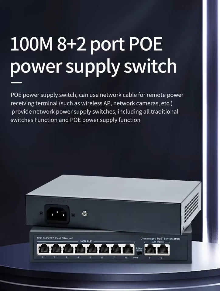 8 Ports 120W POE 10/100Mbps +2 Port Megabit Uplink Ethernet PoE Switch Network - Image 3 of 4