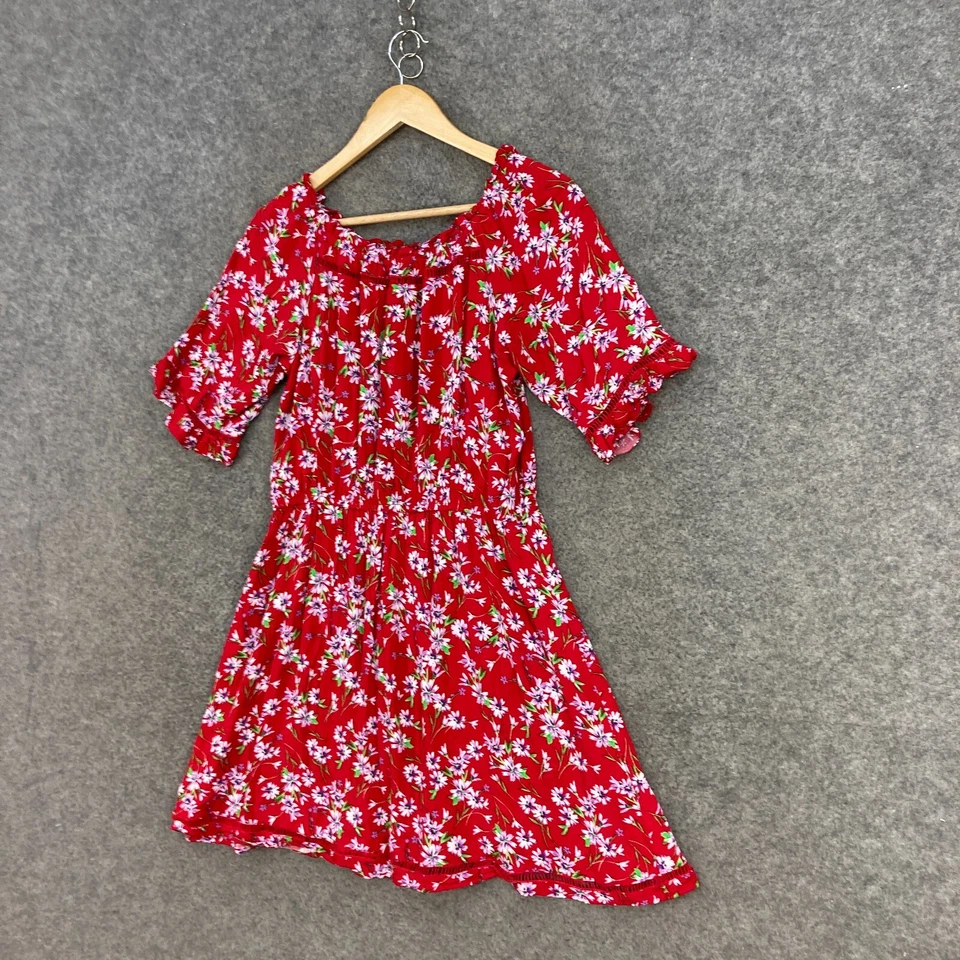 Vestido de algodón para mujer talla M mediano rojo floral manga corta cuello barco 16002 Foto 2 de 4