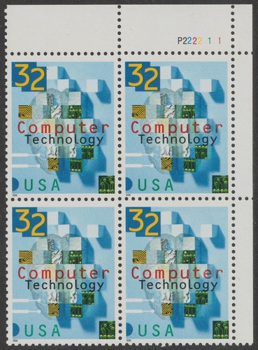 US 3106 Computer Technology 32c plate block 4 UR P222211 MNH 1996