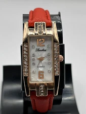 Luobos Women's Quartz Rose Gold Rhinestone Watch Red Band- New Battery
