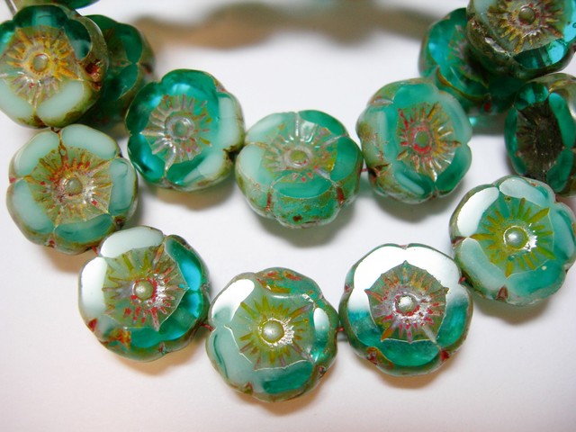 25 beads Turquoise Mix Picasso Czech Glass Flower Beads 9mm