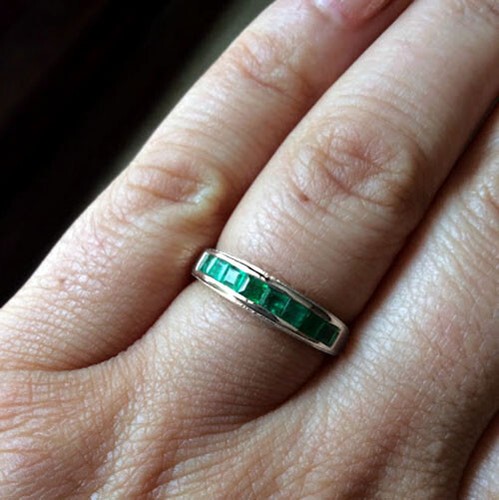 R308 Genuine 9ct, 10K, 18K Real Gold Natural Emerald Square Channel Wedding Ring - Picture 3 of 7