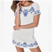 Lulus Women's Tale to Tell Blue and White Embroidered Shift Dress Size Medium