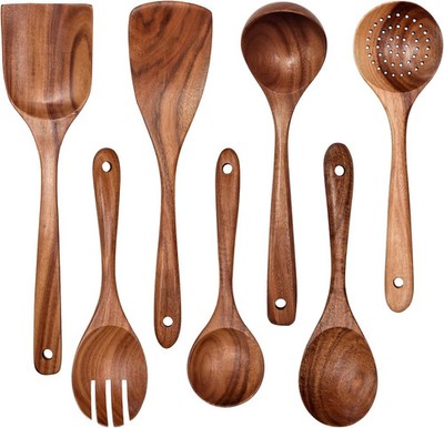 7pc Wooden Cooking Utensil Set Non Stick Kitchen Spatula Spoon Tool Set