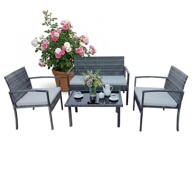 Ensemble mobilier 4 pcs banquette 2 places 2 fauteuils table verre polyrotin - Photo 1/2