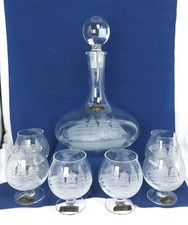 Toscany Etched Crystal Clipper Ship Decanter + 6 Brandy Glasses Vintage w/label
