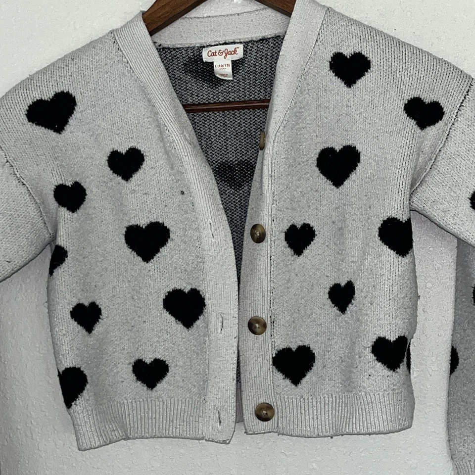 Cat & Jack Girls Grey With Black Heart Pattern Button Up Cardigan Size L(10/12) - Image 2 of 4