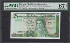 GIBRALTAR 5 POUNDS P 21b 1988 PMG 67 EPQ . SUPERB GEM UNC .